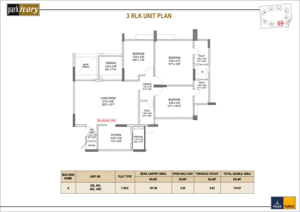 park ivory 3 bhk unit plan  in wakad pune - image -jpg